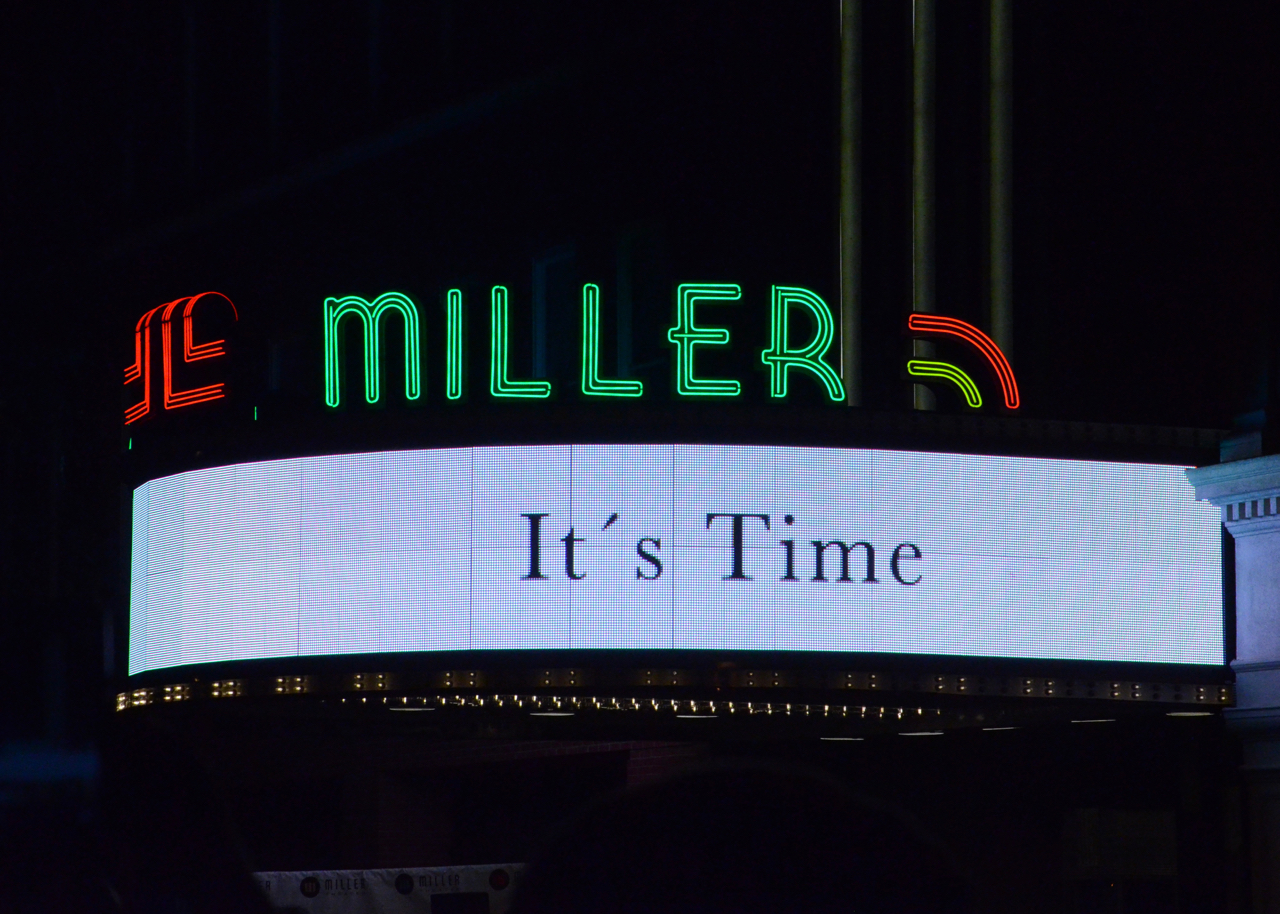 Digital movie theater sign that reads Its Miller Time.
