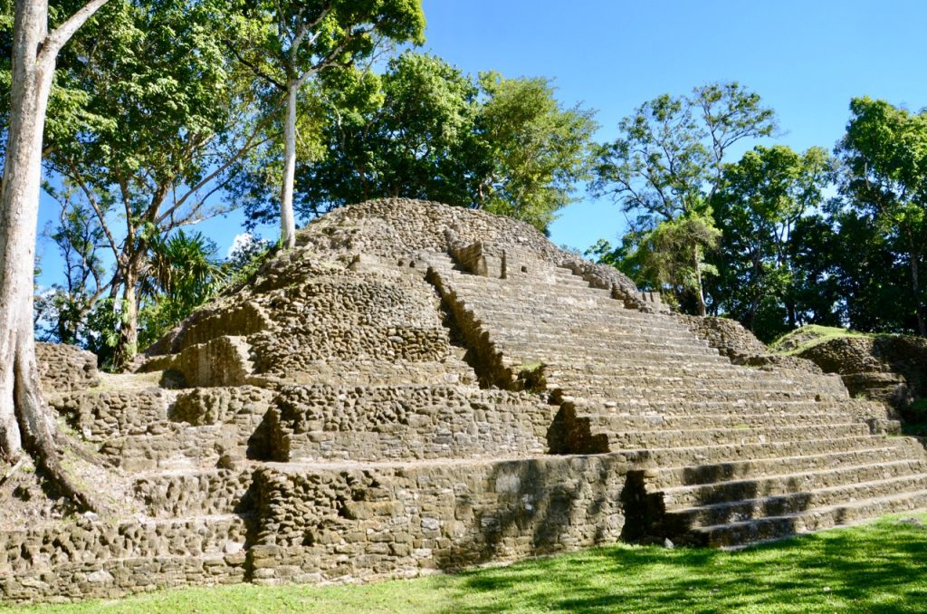 A close view of a small Mayan temple.