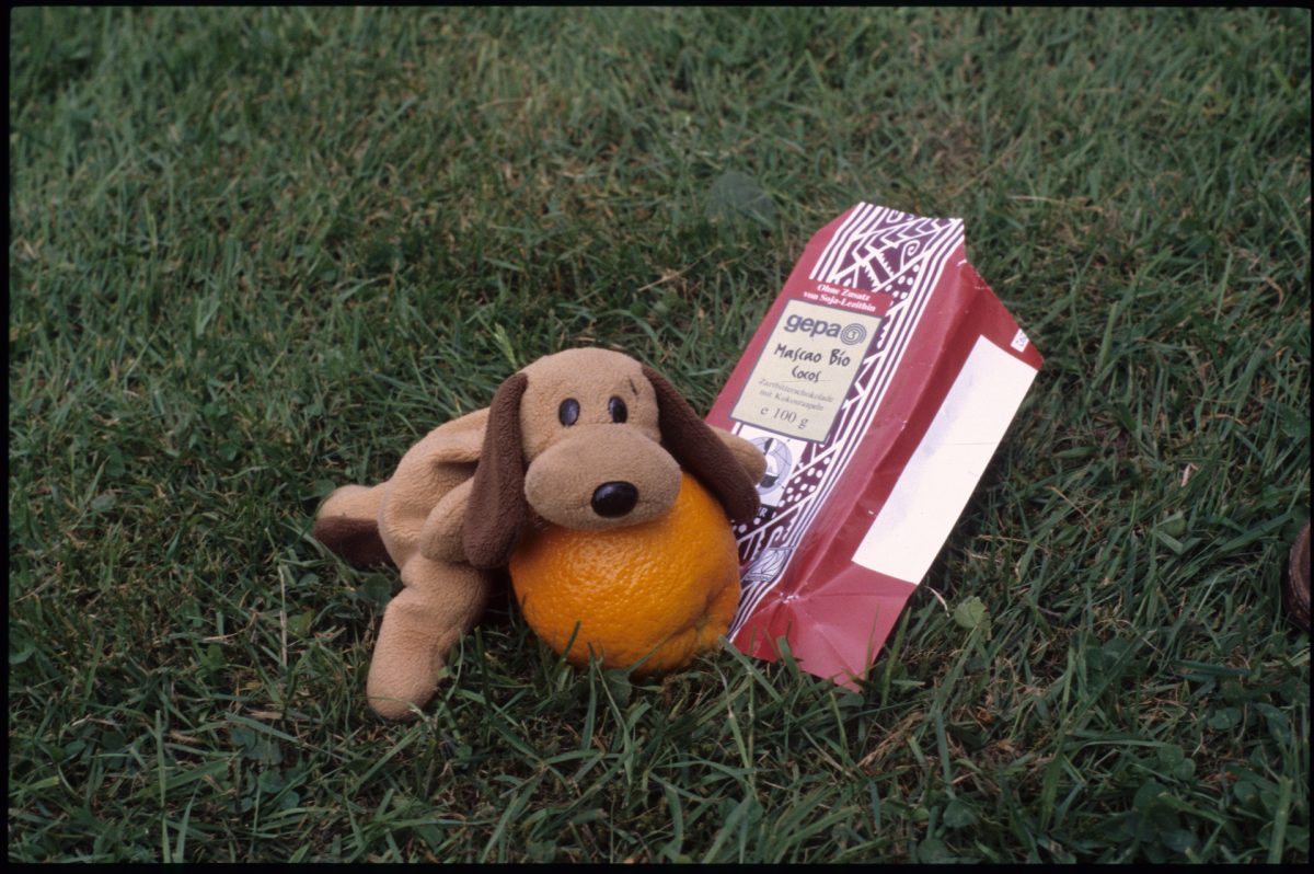 A stuffed dog with an orange and german chocolate bar wrapper.