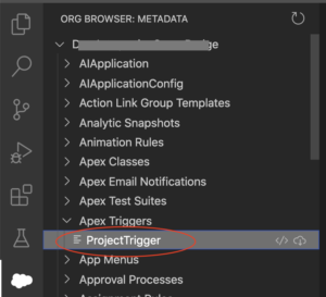 Screenshot of VS Code org browser showing an Apex Trigger to download.