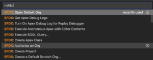VS Code command pallet wit with SFDX commands shown.