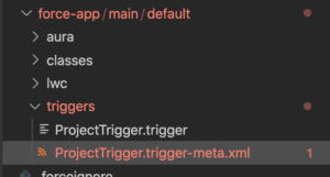 Screenshot of the VS Code file browser with the trigger's metadata file highlighted.