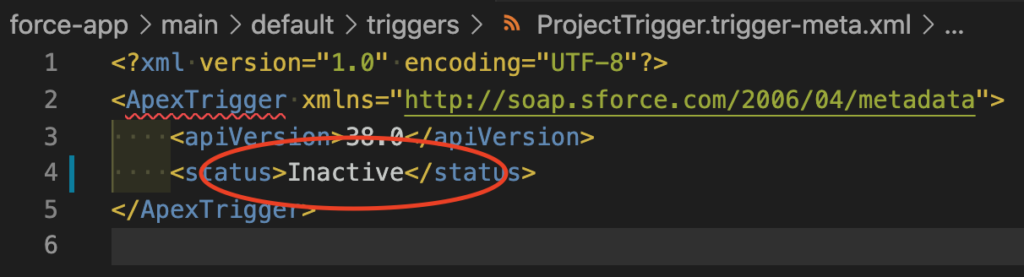 Screenshot of code snippet emphasizing the Status XML tag and Inactive value.