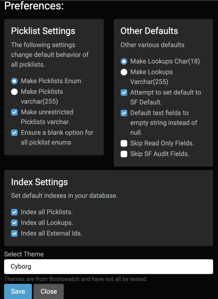 Preference screen from the application with sections for picklist settings, index settings, other defaults, and theme.