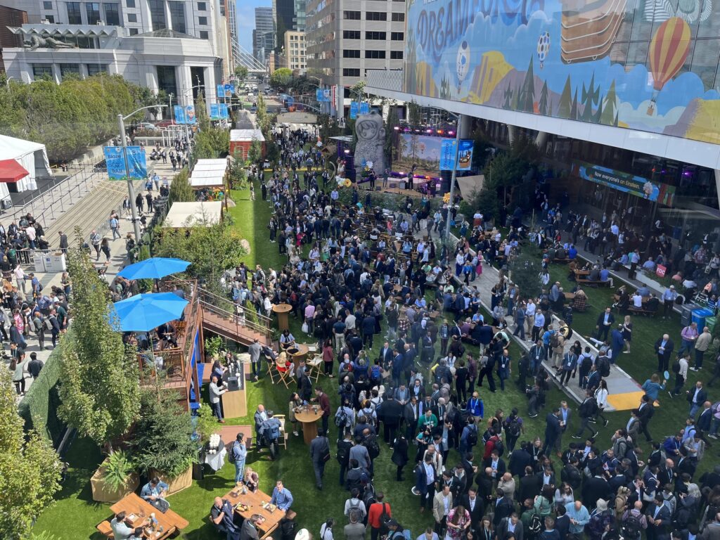 Overhead picture of people milling around outside at Dreamforce