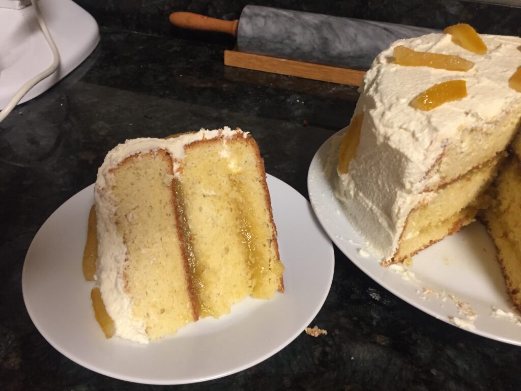 Yellow cake, with lemon curd between layers.