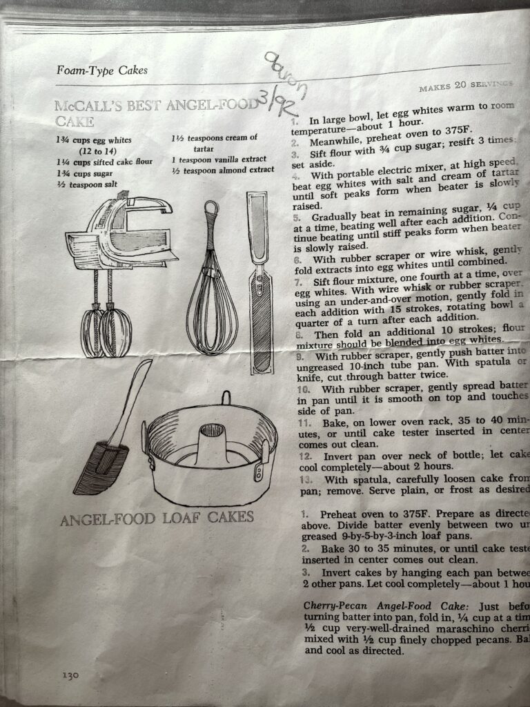 An angle food cake recipe, with Aaron 3/92 written at the top.